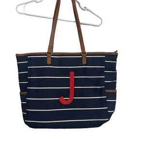 Thirty One Tote. Navy Striped Tote Bag with Red Accent. J on front. Rarely used.